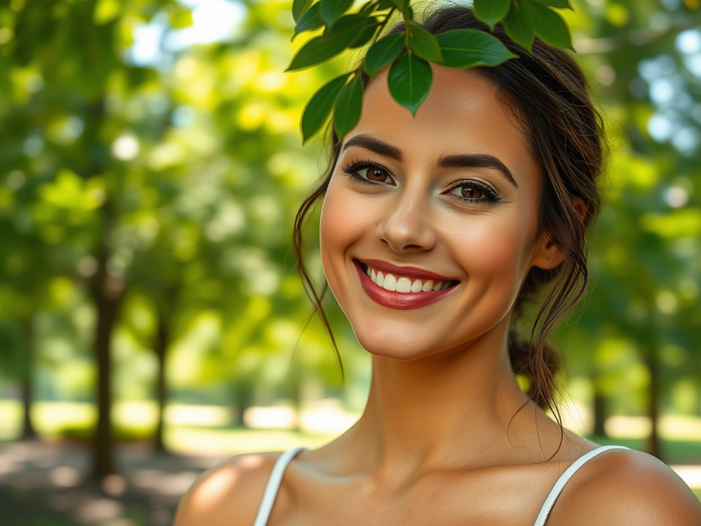 A young woman smiles brightly against a lush green background, with sunlight filtering through the leaves.