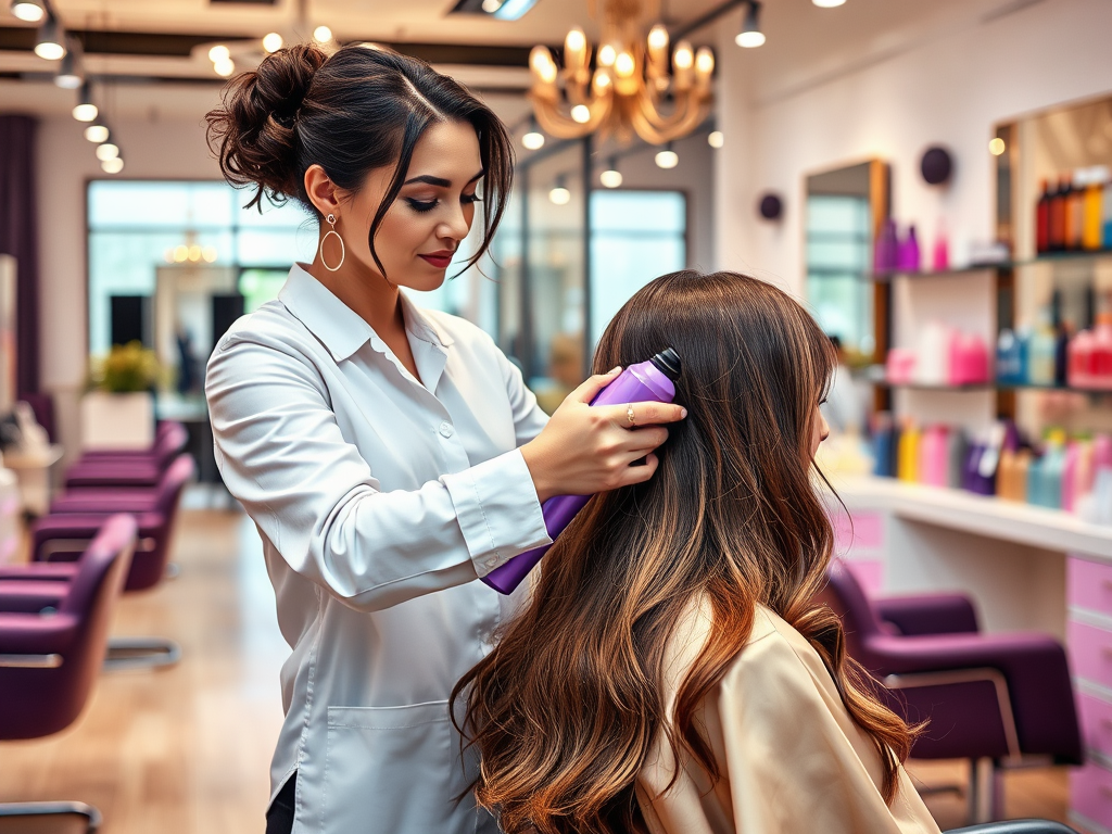 A stylist applies product to a client's long, wavy hair in a modern salon with colorful decor and stylish chairs.