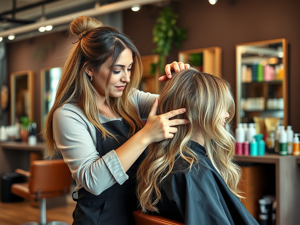 A hairstylist styles a client's long wavy hair in a modern salon, surrounded by hair products and mirrors.