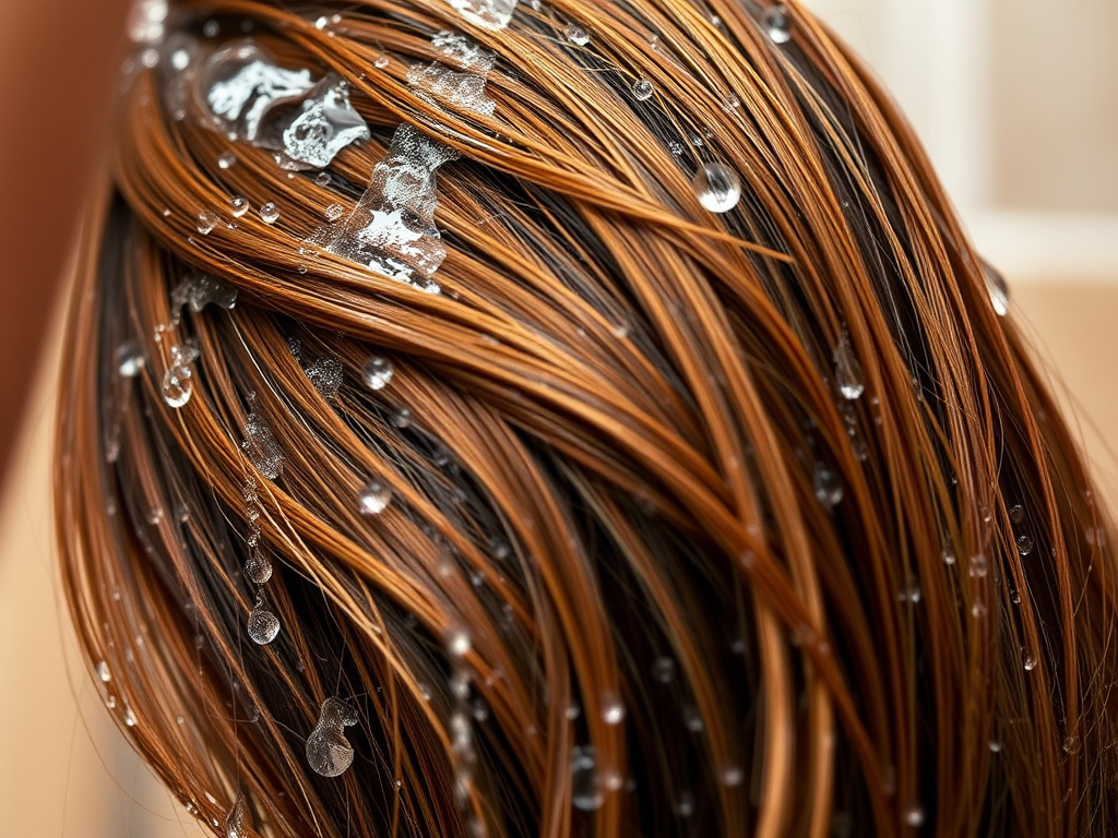 Close-up of wet hair with droplets and product, showcasing a shiny, textured appearance.