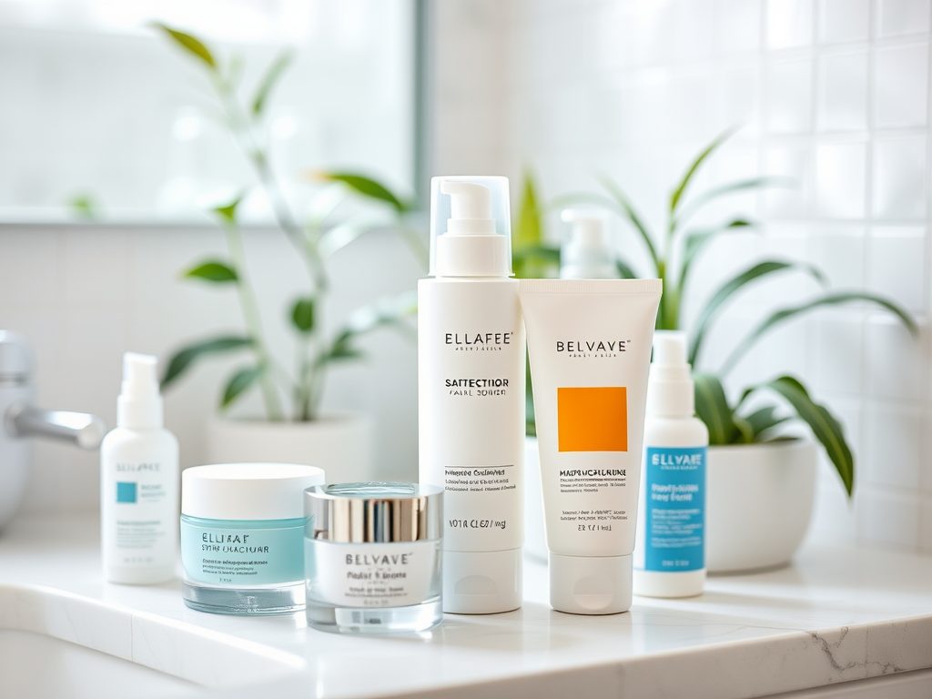 A variety of skincare products on a bathroom counter, with plants in the background.