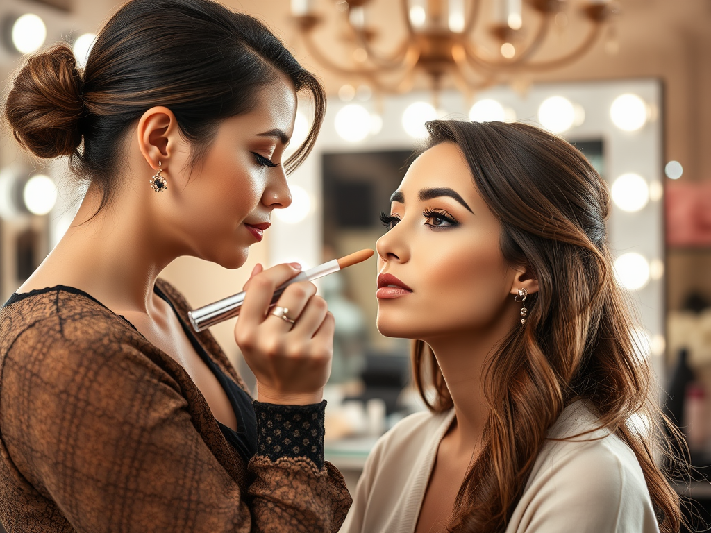 A makeup artist applies foundation to a woman's face in a softly lit beauty studio.