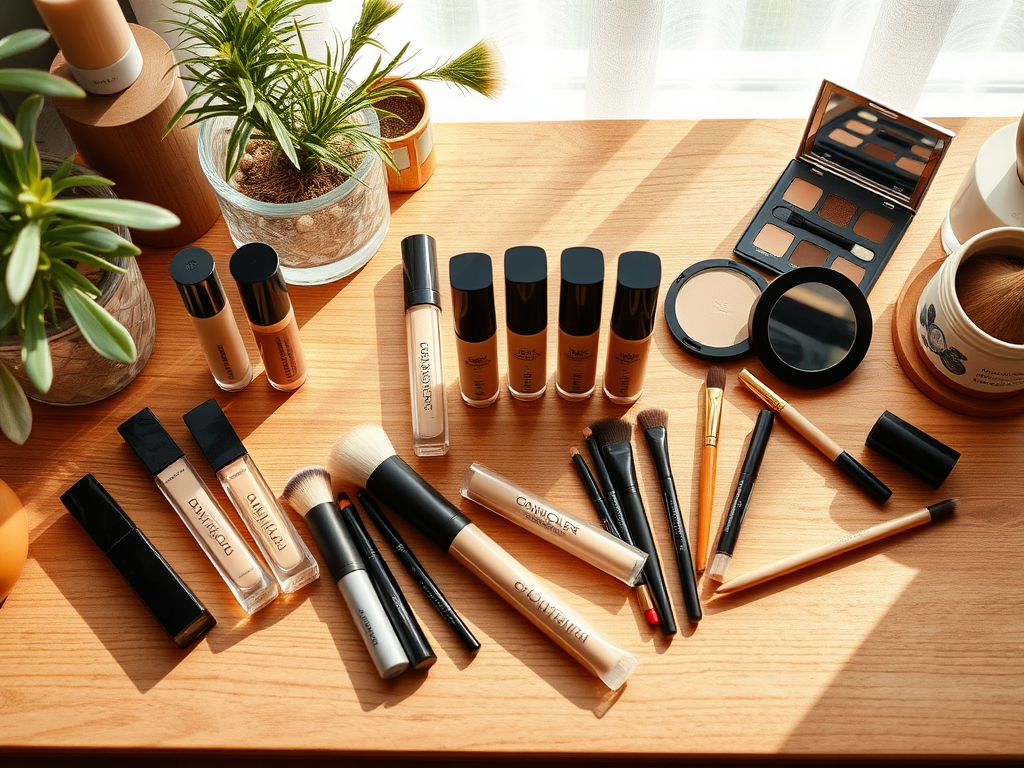 A wooden tabletop displays various makeup products, brushes, and plants in natural light.