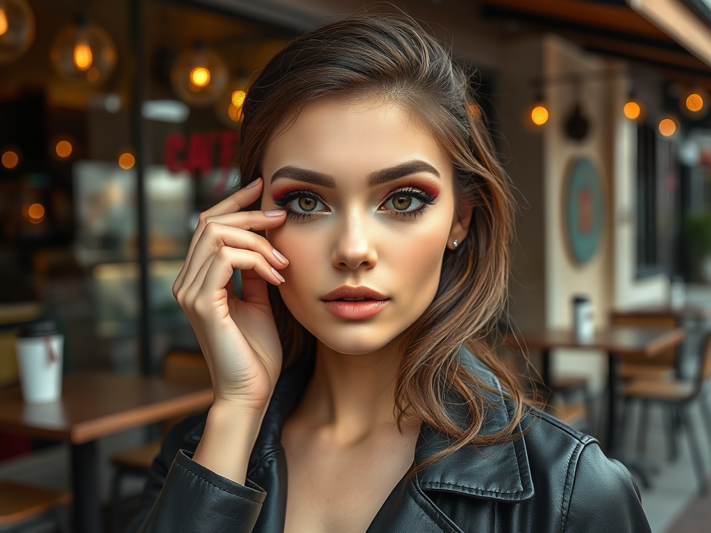 A young woman with striking makeup poses confidently in a café setting, wearing a black leather jacket.