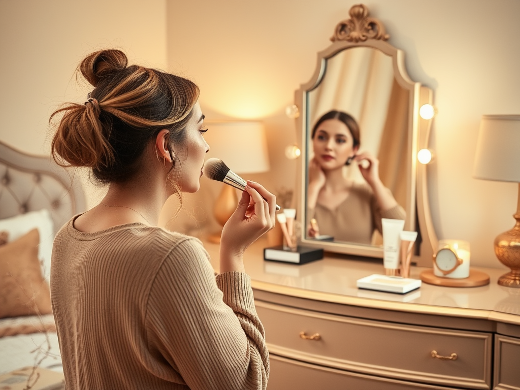 A woman applies makeup in front of a mirror, with soft lighting and a stylish vanity in a warm-toned room.