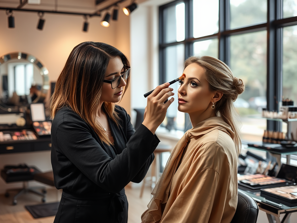 A makeup artist applies makeup to a client in a well-lit studio filled with cosmetics and beauty tools.