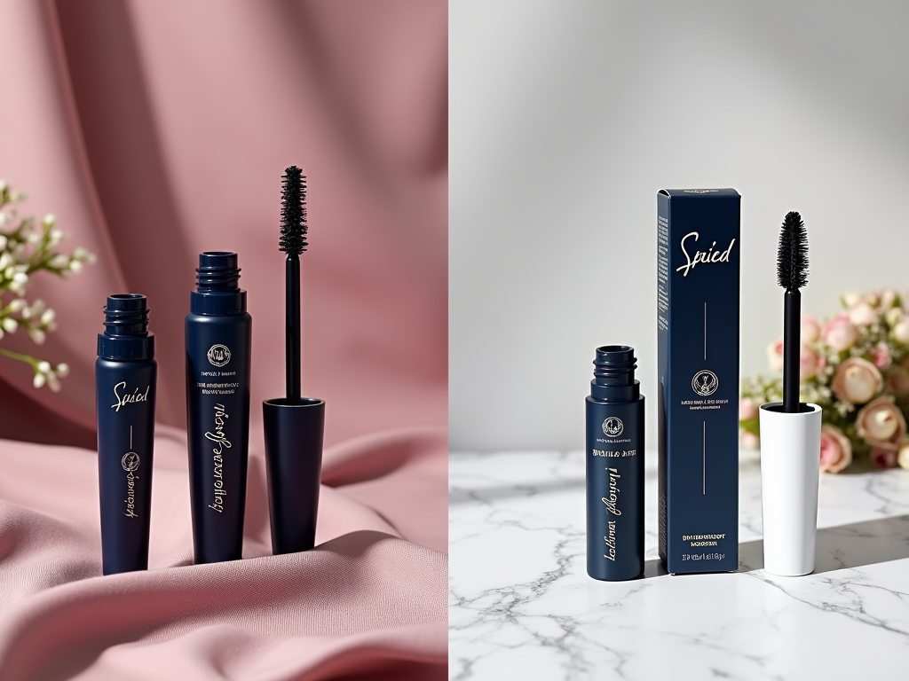 Two images of navy blue mascara bottles and wands on different backgrounds, one with pink silk and one with marble.