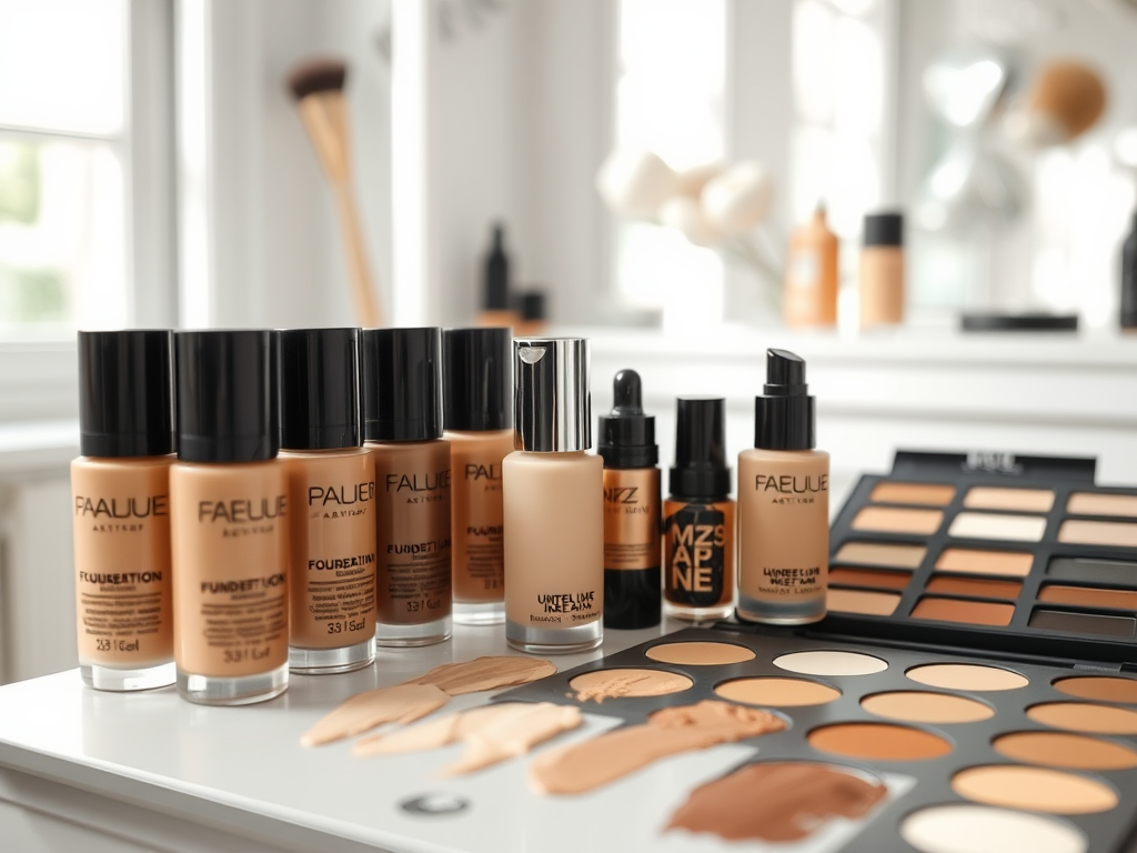 A variety of foundation bottles and palettes arranged on a table, showcasing shades for makeup application.