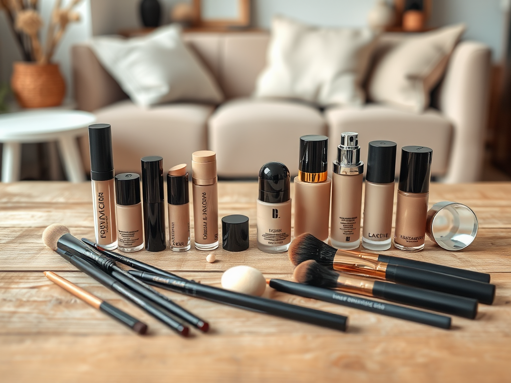 A variety of makeup products and brushes arranged on a wooden table, with a cozy living room in the background.