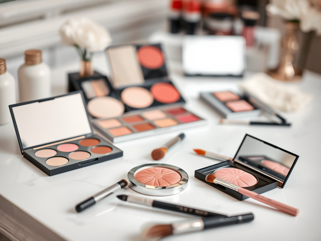 A variety of makeup products, including palettes, brushes, and a flower, arranged on a white surface.