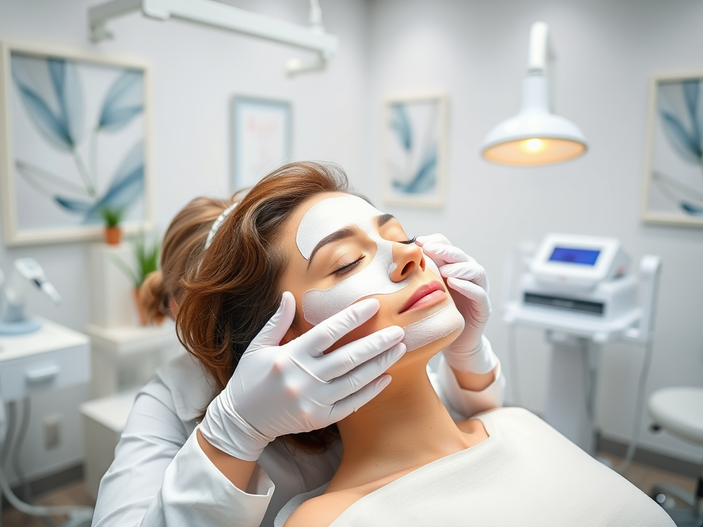 A woman receives a facial treatment from a technician in a modern spa setting. Soft lighting enhances relaxation.