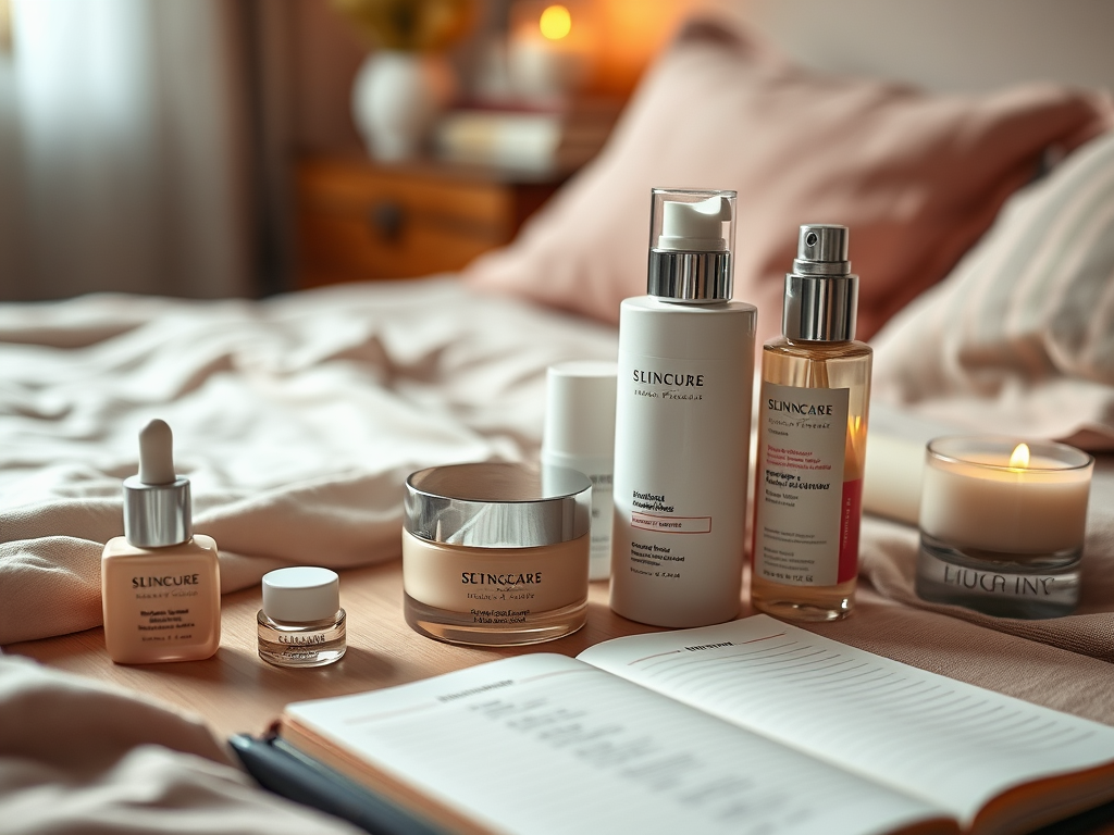 A cozy setting featuring skincare products, a candle, and an open book on a bed with soft linens.