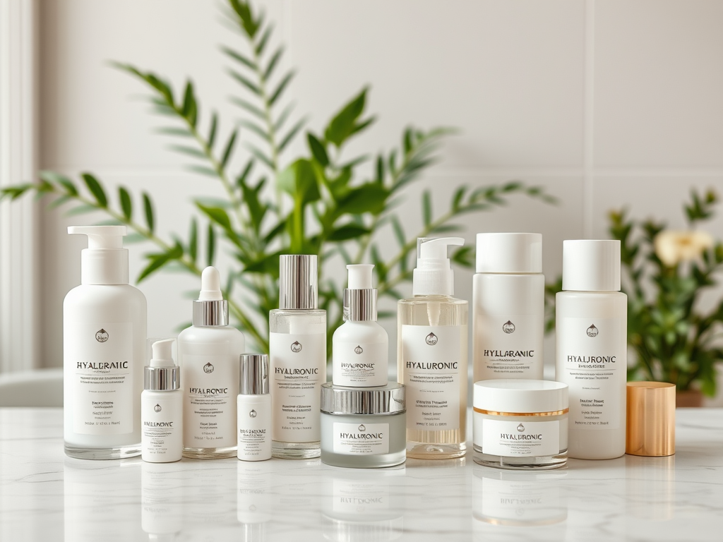 A collection of skincare products featuring various hyaluronic acid formulations, arranged on a marble countertop.