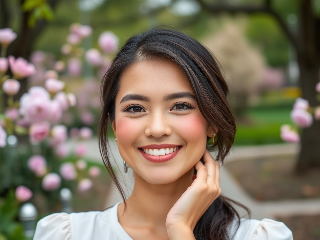 A young woman smiles warmly, surrounded by blooming flowers in a peaceful garden setting.