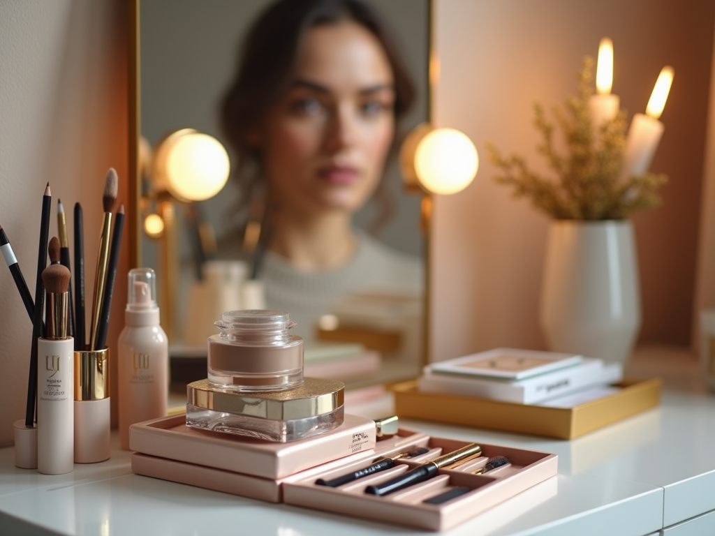 Woman reflected in a mirror surrounded by makeup products on a table, with soft lighting.