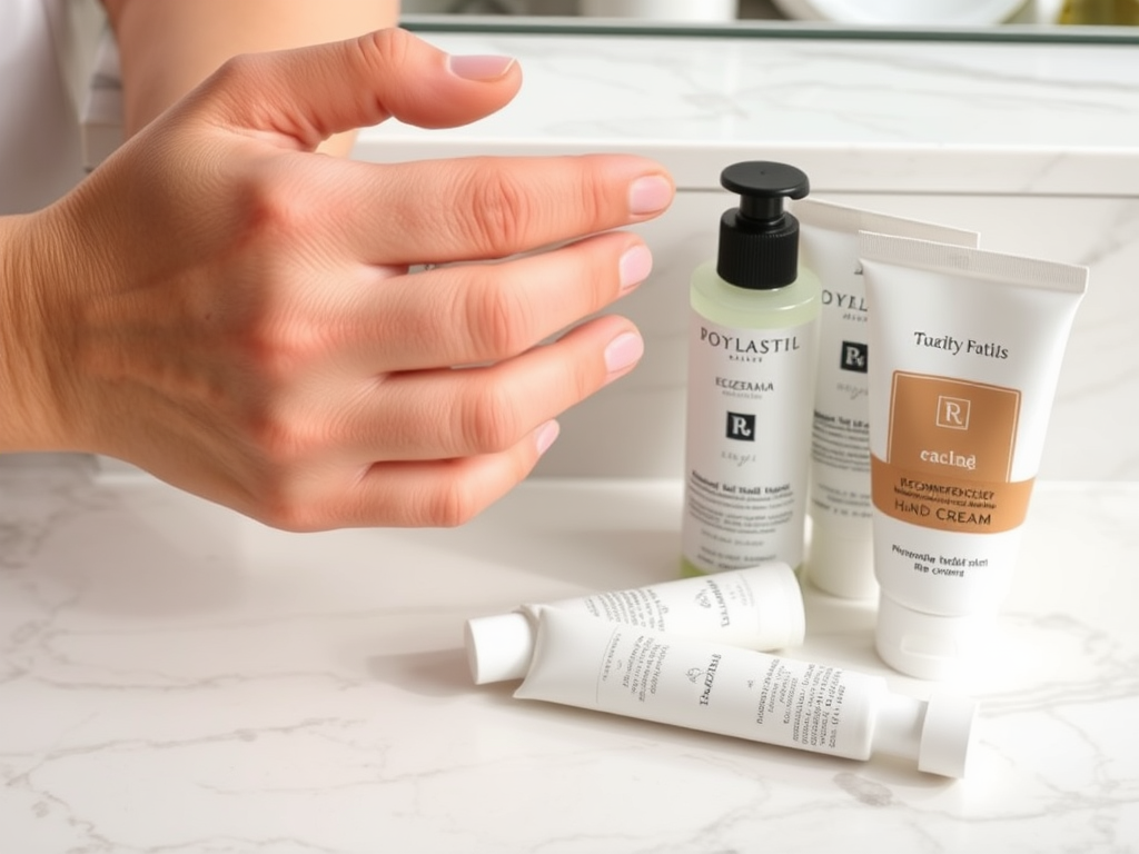 A hand reaching for various skincare products on a marble surface, including hand creams and eczema treatment.