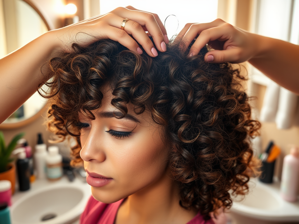 A woman with curly hair adjusts her hairstyle in a bright bathroom. Hair products are visible in the background.