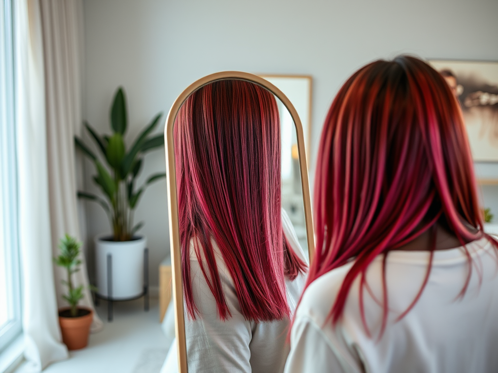 A person with vibrant red and black hair admires their reflection in a round mirror, surrounded by indoor plants.