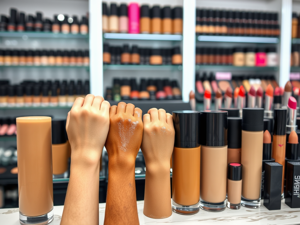 Three hands of different skin tones hold up against various foundation bottles in a makeup display.