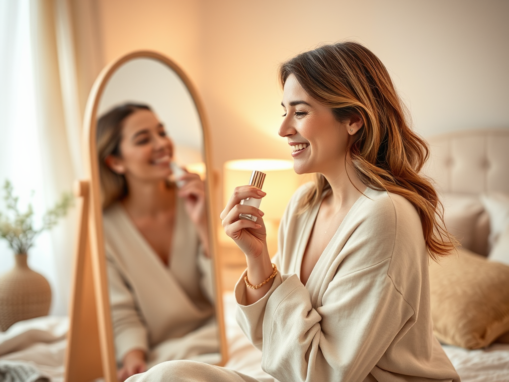 A woman smiles while applying lipstick in front of a mirror in a cozy bedroom setting.