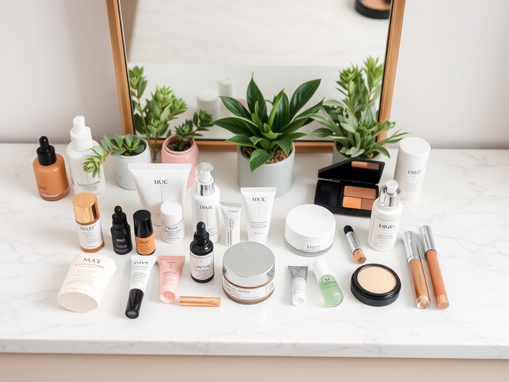 A collection of skincare and makeup products neatly arranged on a marble surface with green plants and a mirror.