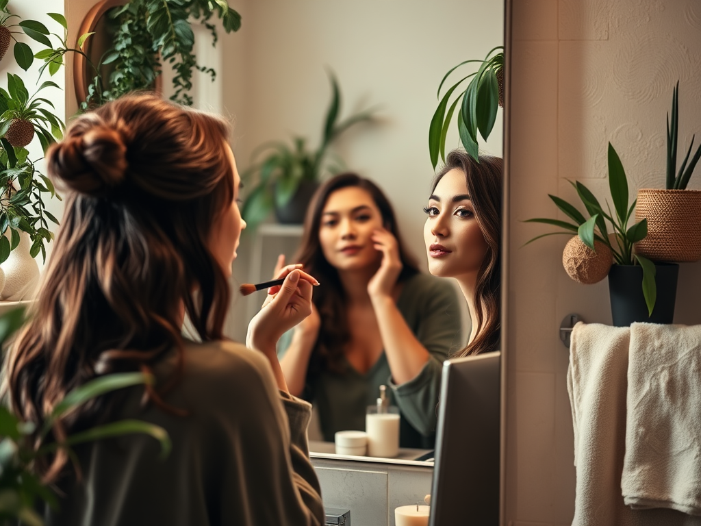A woman applies makeup in front of a mirror, surrounded by plants in a cozy bathroom setting.
