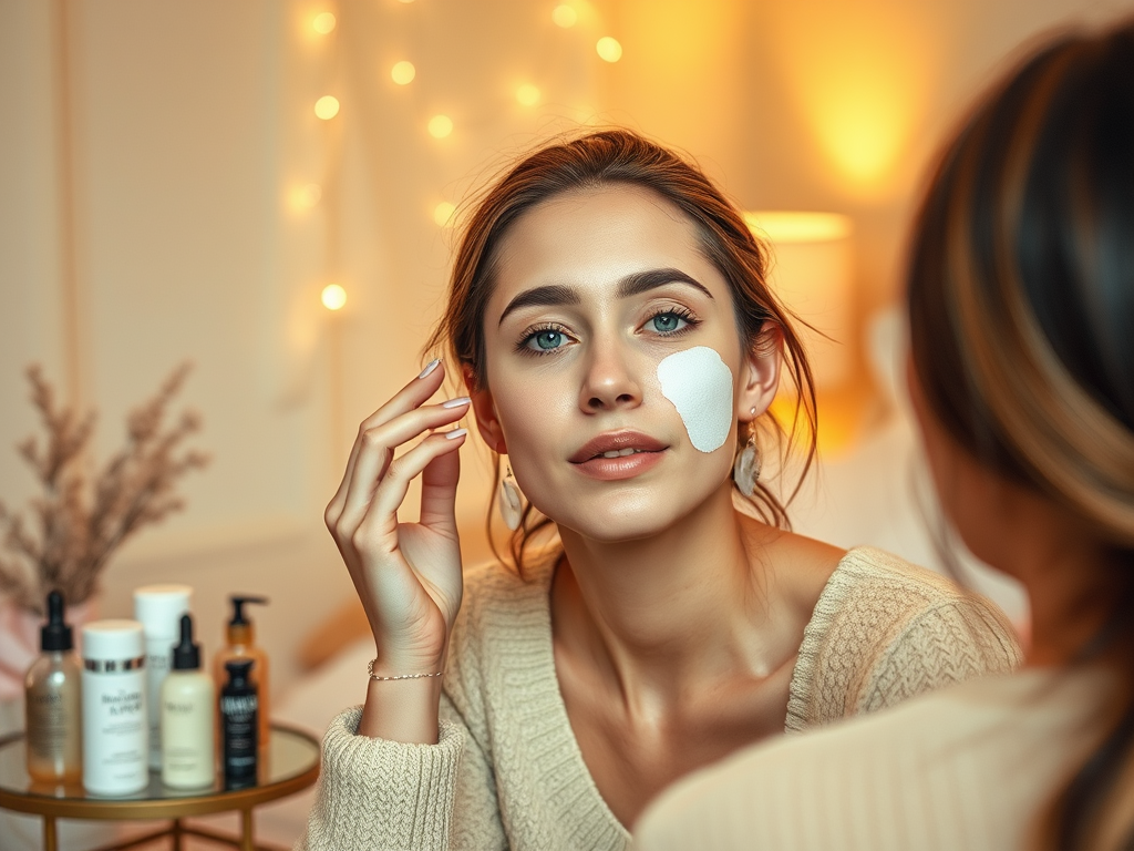 A young woman with a skincare mask on her cheek looks into a mirror, surrounded by beauty products and warm lights.