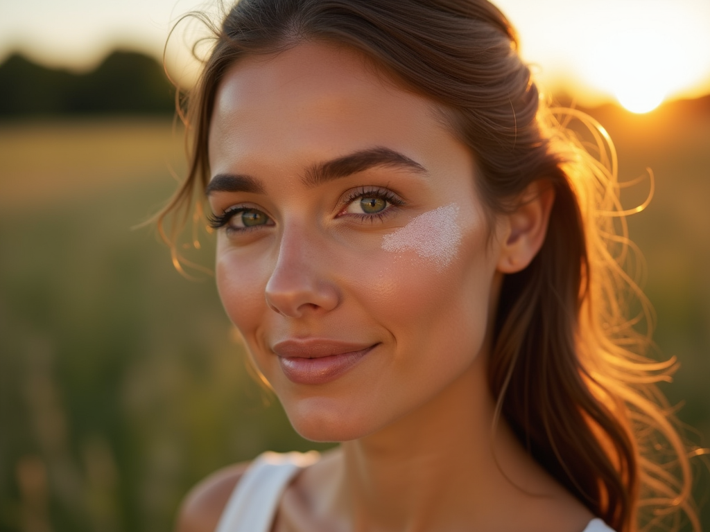 Close-up of a woman with a heart-shaped sunscreen on her cheek, smiling in a sunset-lit field.