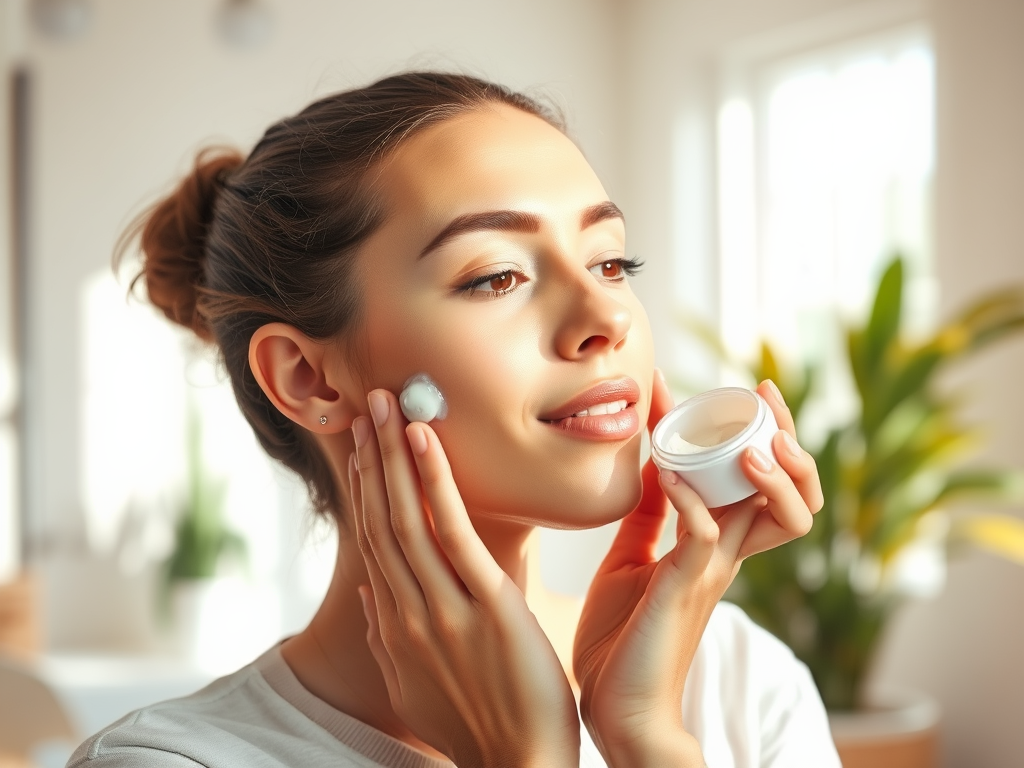 A woman applies cream to her face while holding a container of skincare product, smiling in a bright room.