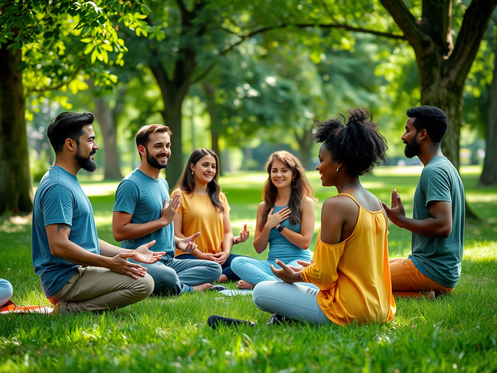 A group of six people meditating in a park, sitting in a circle on the grass surrounded by trees.