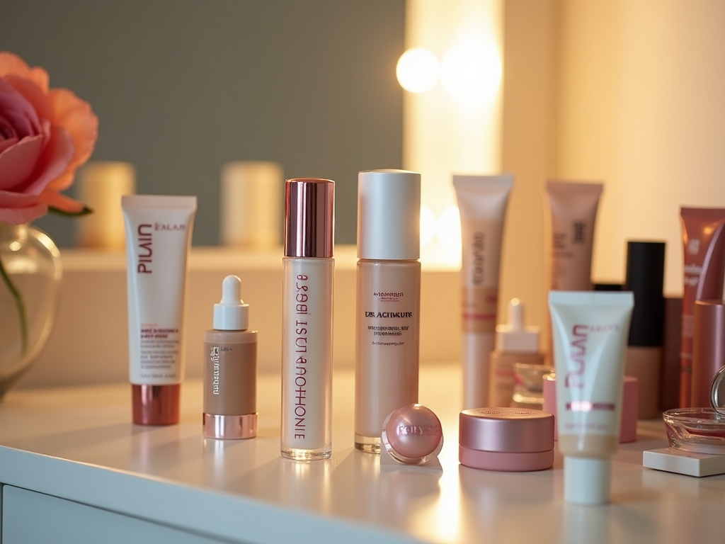 Assortment of skincare products on a vanity table with soft lighting and a pink rose.