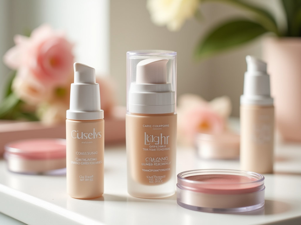 Cosmetic products displayed on a table with flowers in the background.