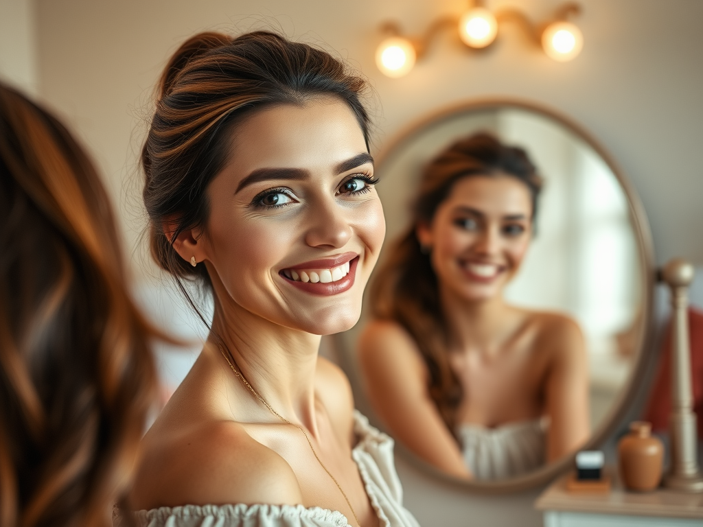 A smiling woman with wavy hair is looking into a mirror, with soft lighting and warm colors in the background.