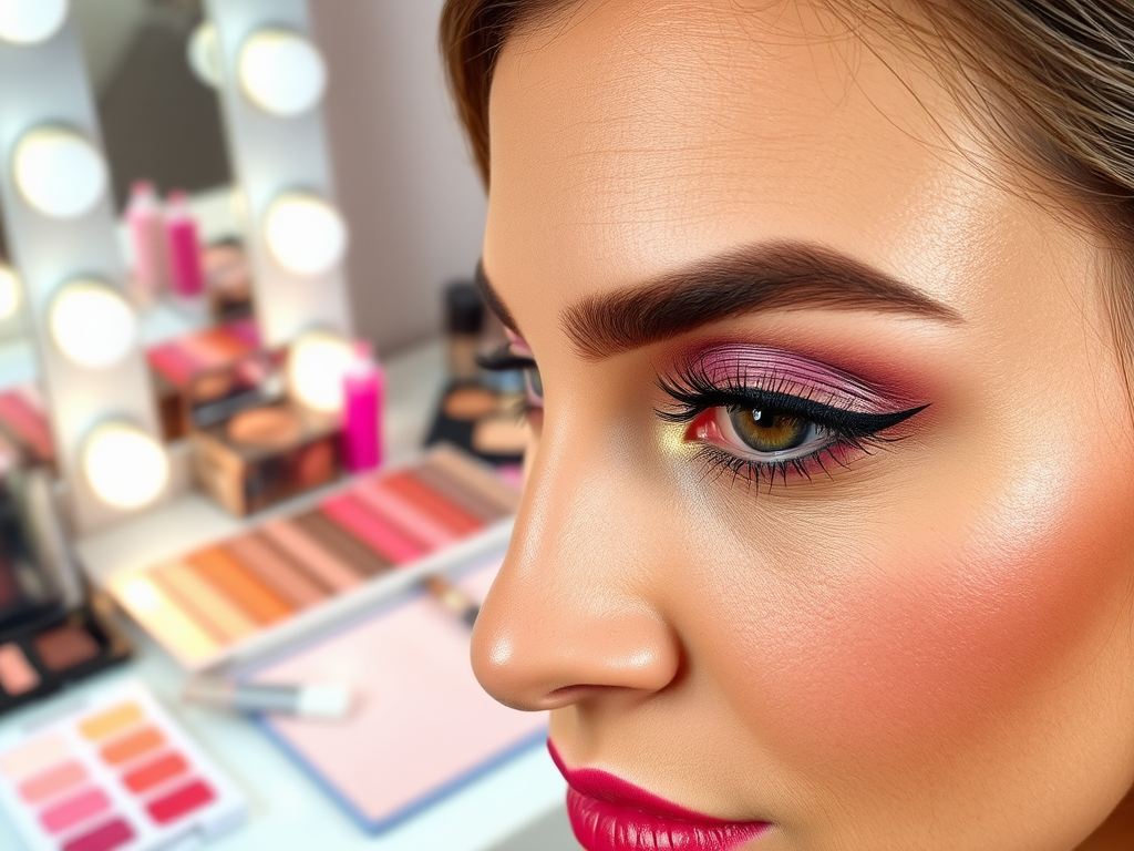 A close-up of a woman's face showcasing colorful eye makeup and bright lipstick, with a makeup setup in the background.