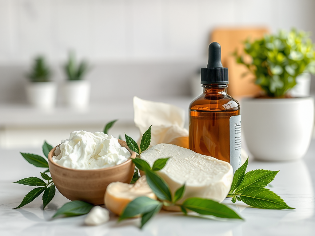 A wooden bowl with cream, a dropper bottle, and natural ingredients arranged with green leaves on a countertop.