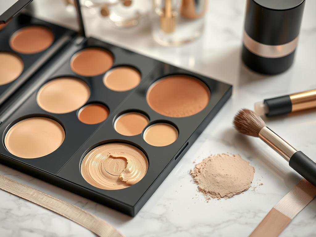 A makeup palette with various shades of foundation, a brush, and loose powder on a marble surface.