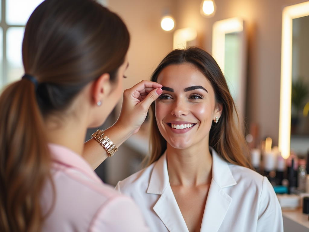 A makeup artist shaping a happy woman's eyebrows in a well-lit beauty salon.